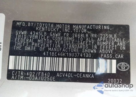 2009 Toyota Camry Le из США, поврежденный, VIN 4T1BE46K19U374130